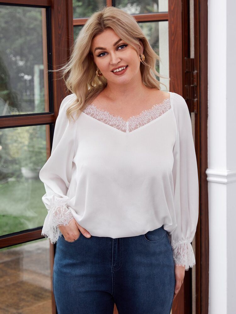 Plus Bell Sleeve Tie Back Lace Trim Top | SHEIN