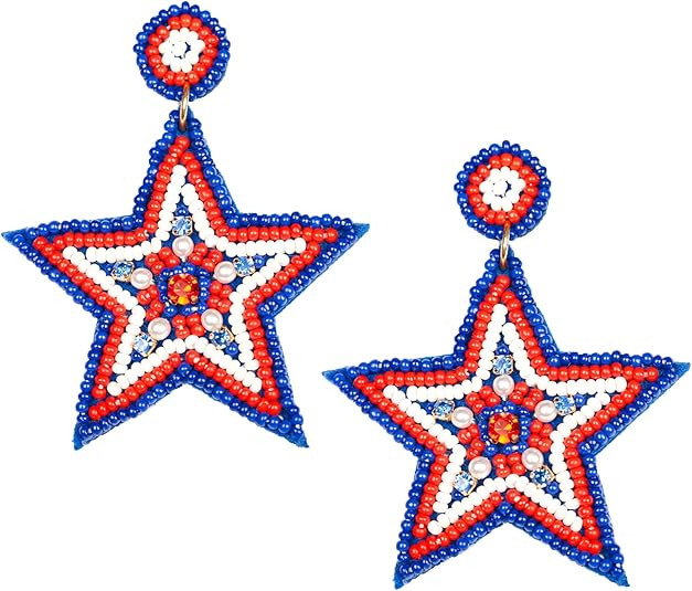 4th of July Earrings, Handmade Beaded Patriotic Earrings for Women, Star American Flag Dangle Dro... | Amazon (US)