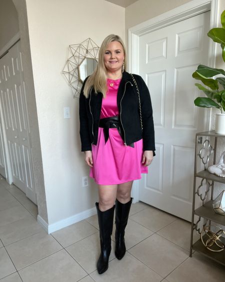 Pink silky dress from The Drop with tie belt. Transition to winter with black accessories! Moto jacket, western boots, tie belt. Amazon. Fall fashion. Curvy. Size 14  

#LTKSeasonal #LTKunder50 #LTKstyletip