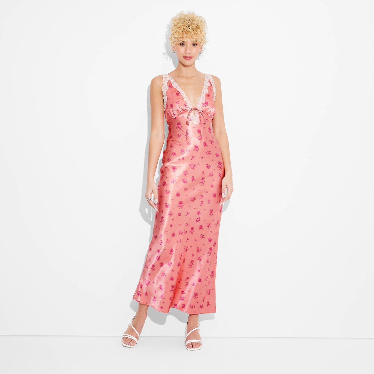 Women's Satin Lace Trim Midi Slip Dress - Wild Fable™ Salmon Pink Floral S | Target