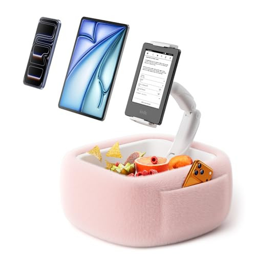 LULULOOK Tablet Pillow Stand, Compatible with iPad, iPhone and 4.7-14.6”Tablet, 360° Adjustable Kindle Pillow Stand for Bed with Ultra Fluffy Fabric & Snack Bowl (Snug Pink) | Amazon (US)