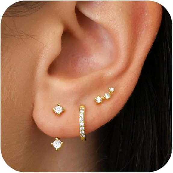 Gold Stud Earrings Set for Women, 3 Pairs Huggie Hoop Jacket Studs Earring Stack for Multiple Pie... | Amazon (US)