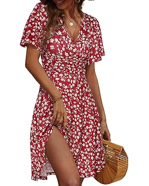 FENSACE Womens Sundress Summer Floral Short Sleeve Wrap V Neck A-Line Midi Dress | Amazon (US)