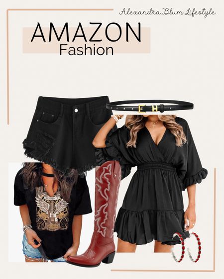 Country concert outfit idea! Rock concert outfit idea! Black ruffle mini dress, black jean shorts and graphic t shirt! Red knee length boots! Amazon fashion! 

#LTKFindsUnder100 #LTKStyleTip #LTKShoeCrush