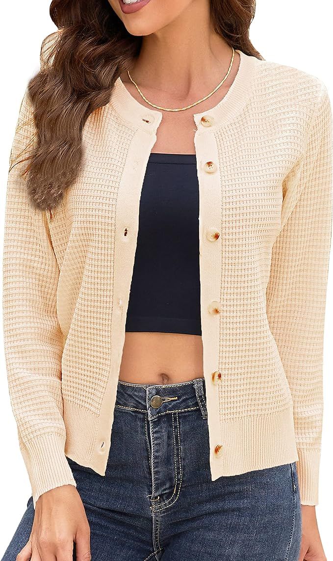 Women's Crew Neck Button Down Long Sleeve Solid Knit Classic Cardigan Sweater | Amazon (US)