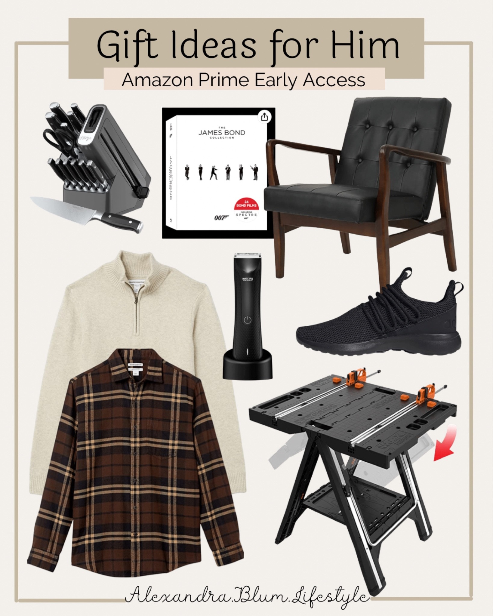 Gift ideas for him all on sale during Amazon Prime Early Access Sale!! Mens tops, comfy black chair, mens adidas sneakers, Ninja Knife set, James Bond movies, Man razer, and garage table! 

#LTKsalealert #LTKshoecrush #LTKmens