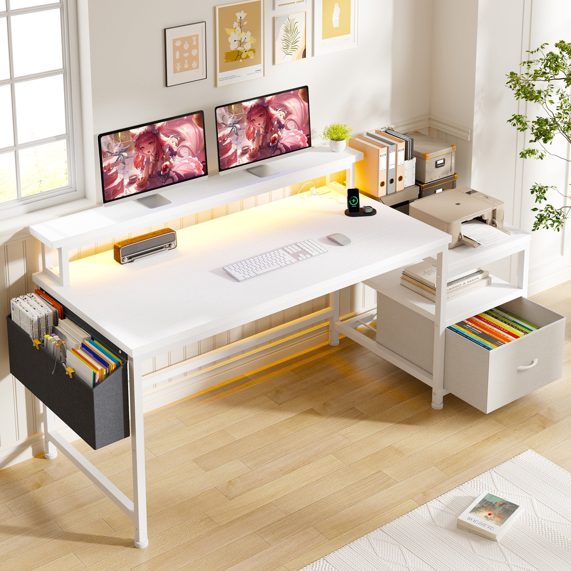 EnHomee 56.5" Gaming Desk with Power Outlets, Computer Desk with Drawer, Gaming Computer Desk for... | Walmart (US)