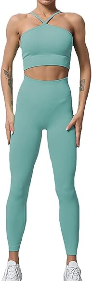 Nicytore 2 Piece High Waist Leggings Outfits for Women Seamless Cross Removable Padded Crop Top B... | Amazon (US)
