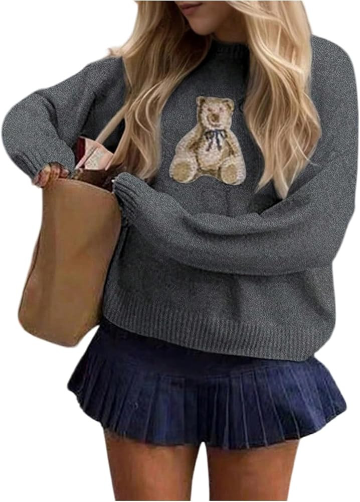 Floerns Women's Bear Long Sleeve Pullover Sweater Cute Crew Neck Knitted Tops | Amazon (US)
