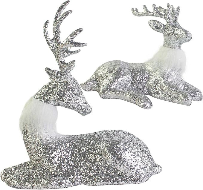 SANNO Silver Glitter Reindeer Deer Figurine, Sitting Christmas Decorative Winter Reindeer Decor X... | Amazon (US)