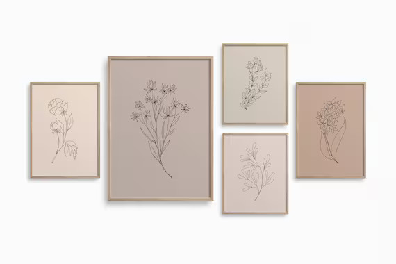 Minimalist Flowers Gallery Wall,Downloadable Botanical Line Art,Set of 5 Botany Prints,Blush Pink... | Etsy (US)