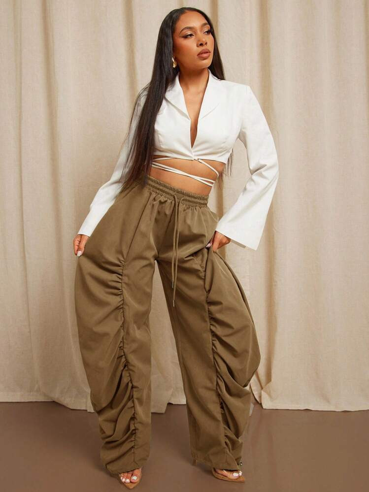 Vixey Ruched Wide Leg Drawstring Waist Woven Casual Office Pants, Business Casual Woman, Brunch | SHEIN