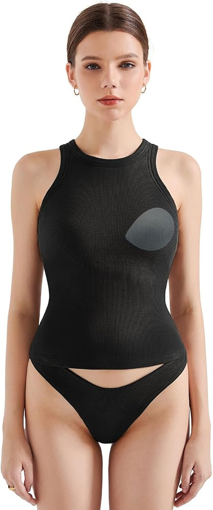 SUUKSESS Women Padded Cotton Ribbed Tank Tops High Neck Racerback Basic Tops | Amazon (US)