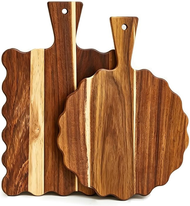 2Pcs Acacia Wood Scalloped Cutting Board with Handle Wooden Chopping Board Decorative Cutting Boa... | Amazon (US)