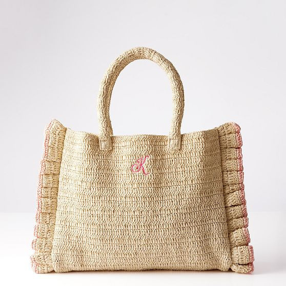 Sofia Ruffle Raffia Tote, Pink | Mark and Graham