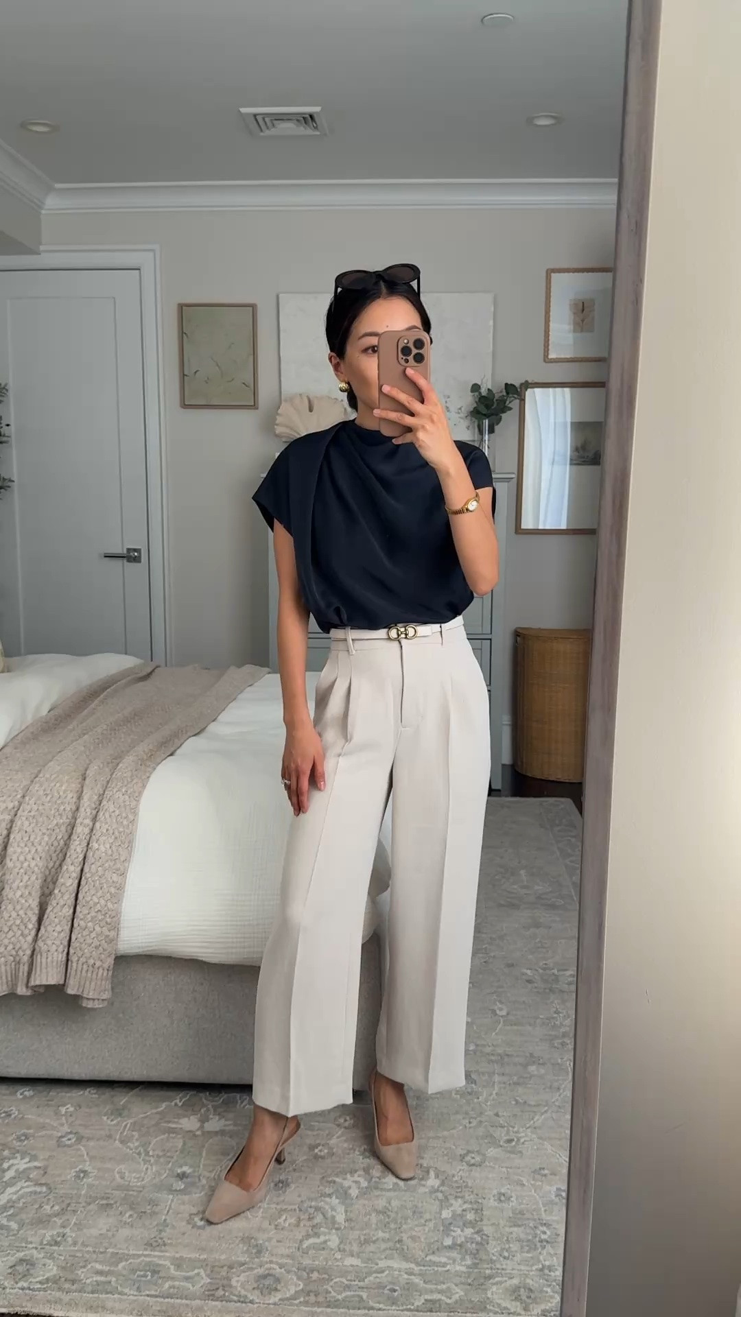 This color! ♥️ •!effortless pants runs small at the waist. I'm trying on 00 (measures 24" waist, 23" inseam) and need to exchange for a 0. wrinkle resistant, beautiful drape.

"metropolis taupe" is also stocked in the lodge shorts linked below.
• edited pieces reversible belt XXS, I can also fit XS on the first few holes 
• aritzia Nominee blouse 2XS blousy fit, very lightweight easy to tuck in

• old AT slingbacks, I also love the Sam Edelman ones linked in 5.5

elegant petite workwear , classic office style , business casual summer outfit ideas,

#LTKootd #LTKPetite #LTKWorkwear
