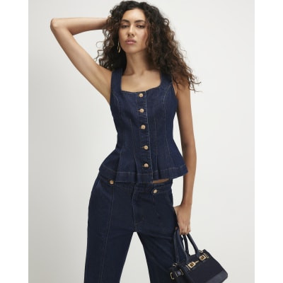 Blue Denim Peplum Top | River Island UK & IE