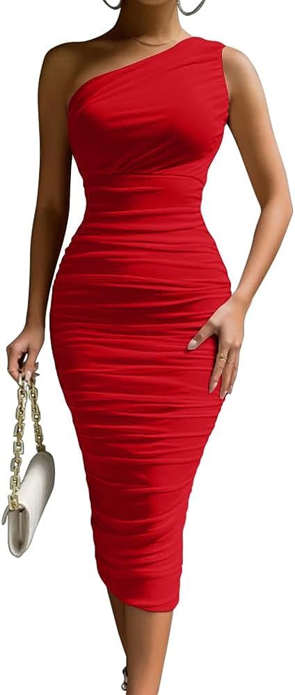 LAGSHIAN Women's Sexy Bodycon One Shoulder Sleeveless Ruched Midi Club Party Dress | Amazon (US)