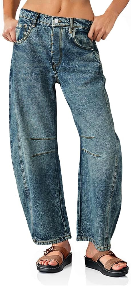 PLNOTME Women's Baggy Boyfriend Jeans Vintage Wide Leg Mid Rise Barrel Denim Ankle Pants | Amazon (US)