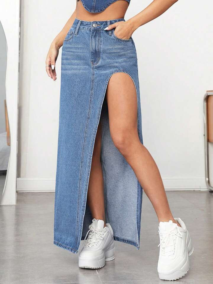 SHEIN ICON High Waist Split Thigh Denim Skirt | SHEIN