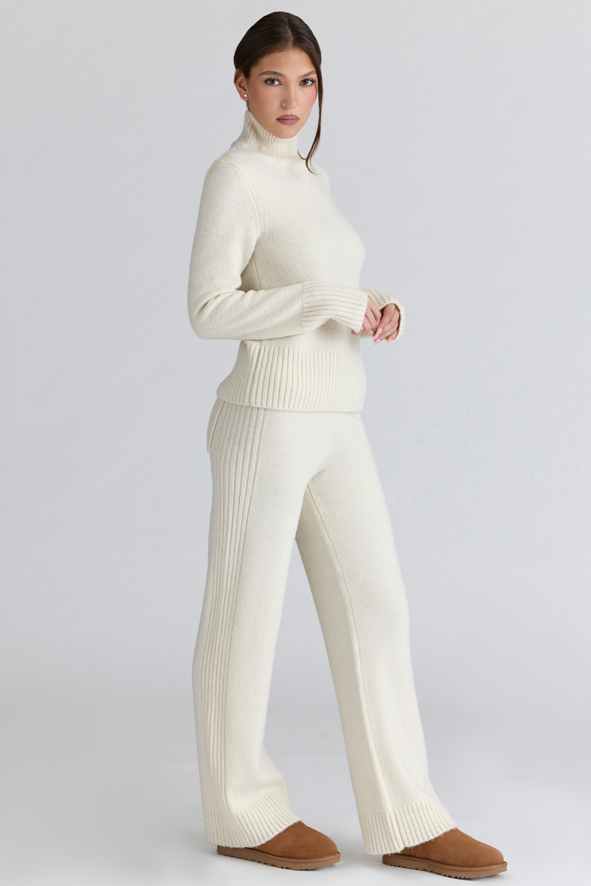 ivory merino wool ribbed knit trousers | House of CB