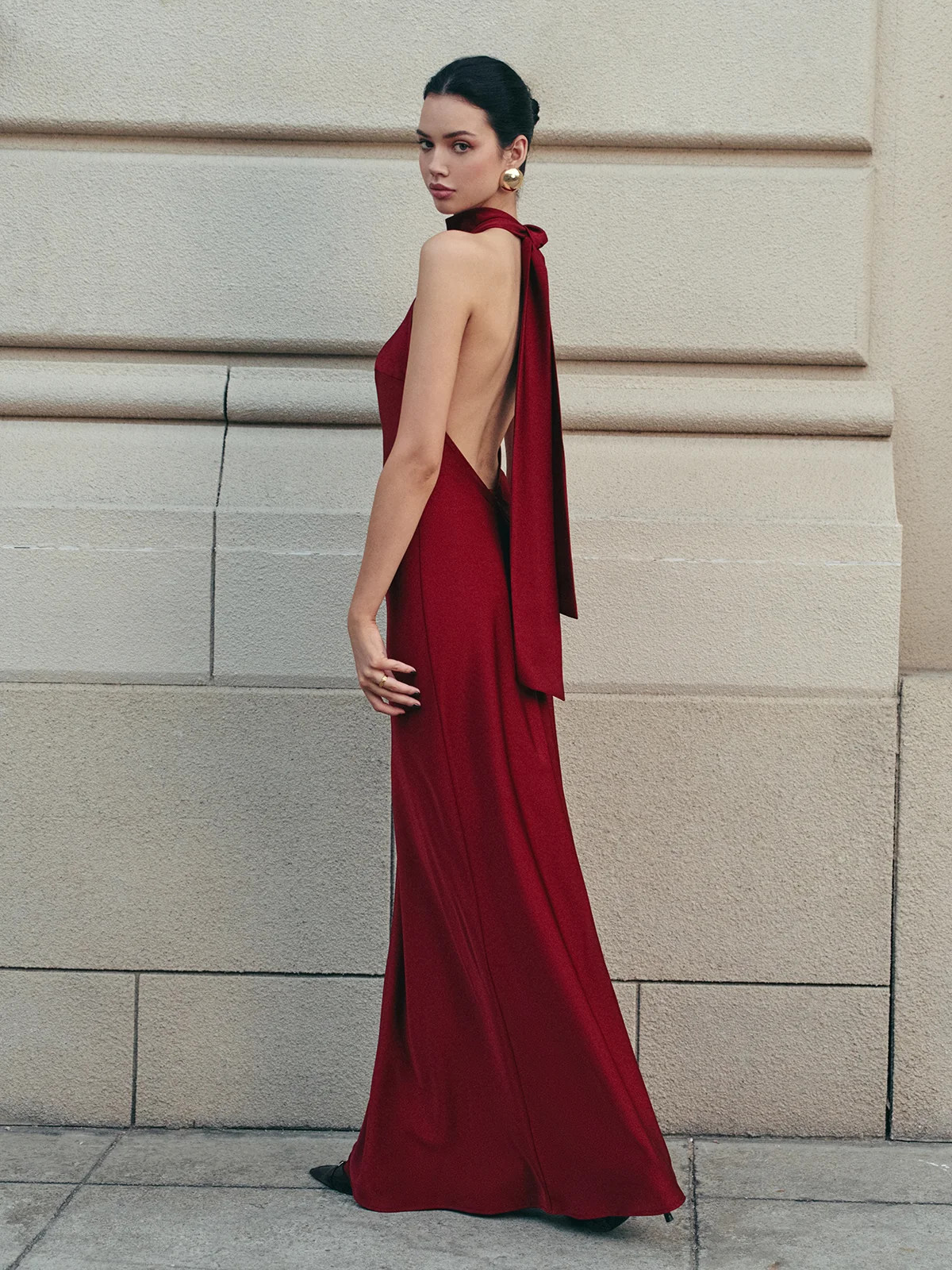 Open Back Satin Halter Dress | Commense