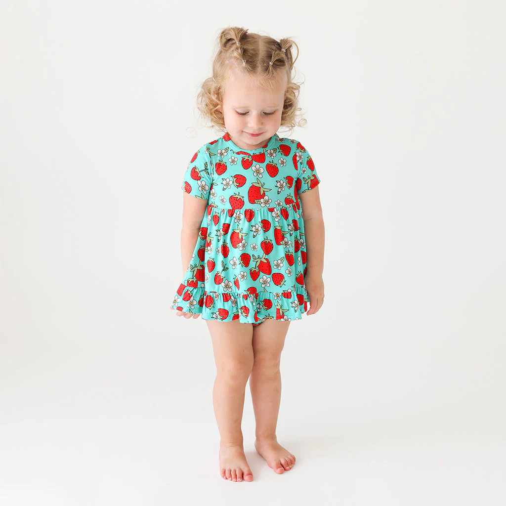 Strawberries Blue Ruffled Baby Bodysuit Dress | Happy Berry | Posh Peanut