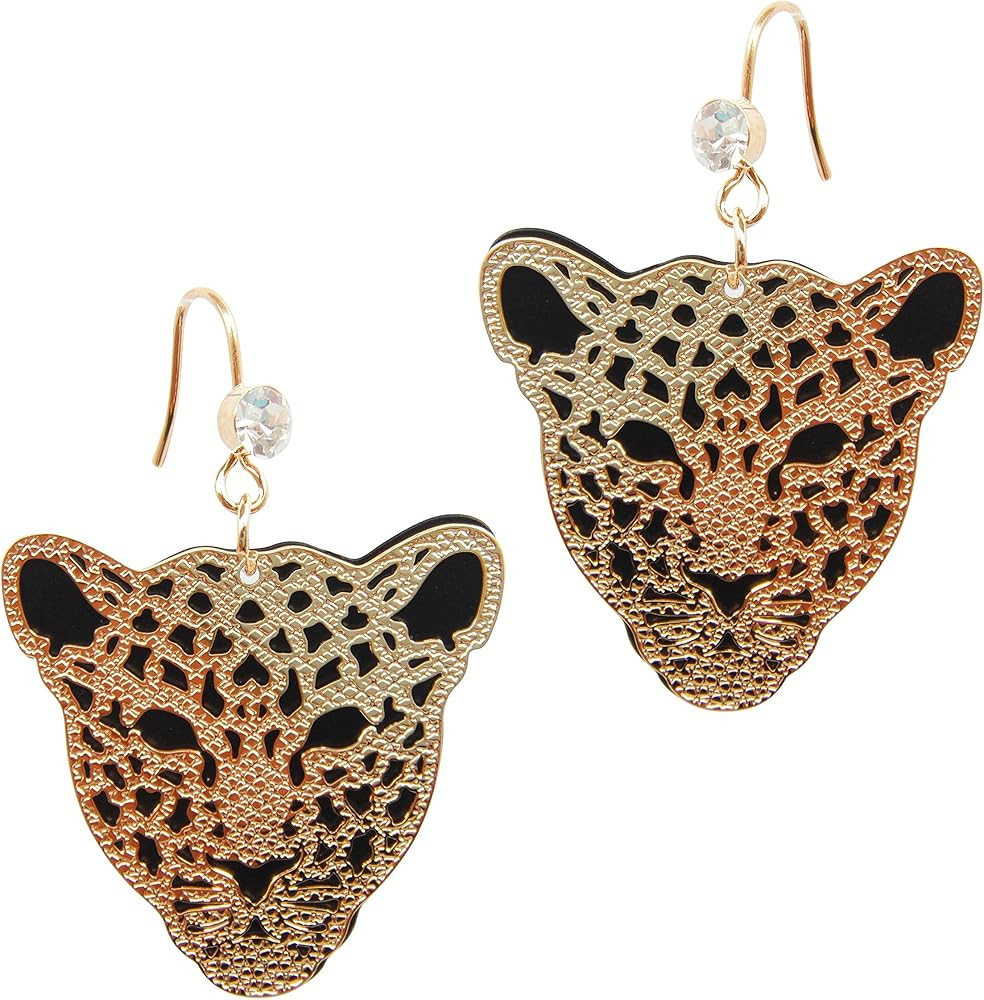 Navachi 18k Gold Plated Cheetah Hollow Leopard Head Crystal 2-layer Dangle Drop Earrings | Amazon (US)