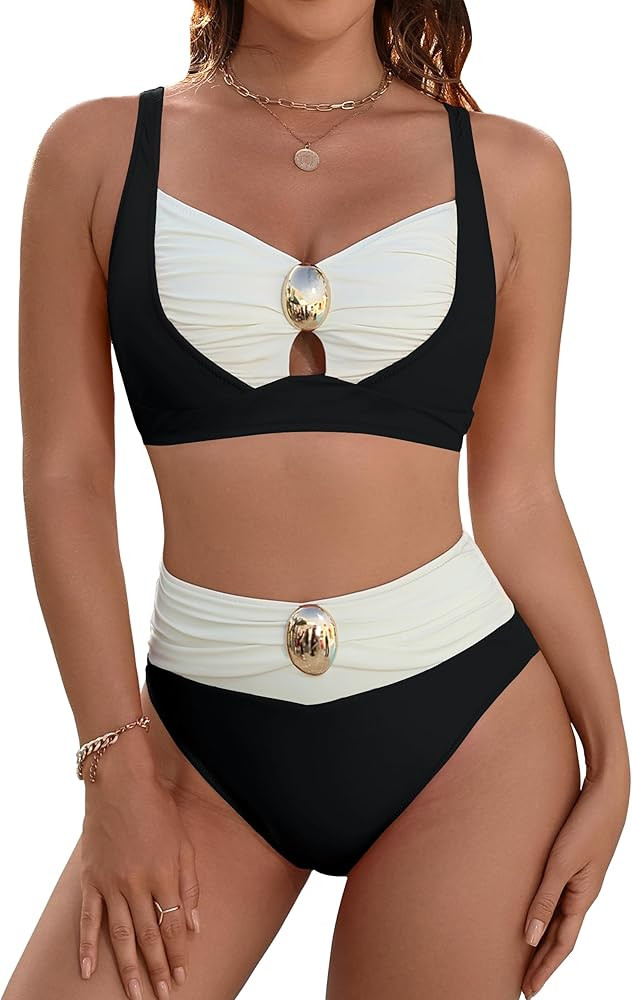 Blooming Jelly Womens High Waisted Bikini Sets Tummy Control Swimsuits Color Block Two Piece Bath... | Amazon (US)