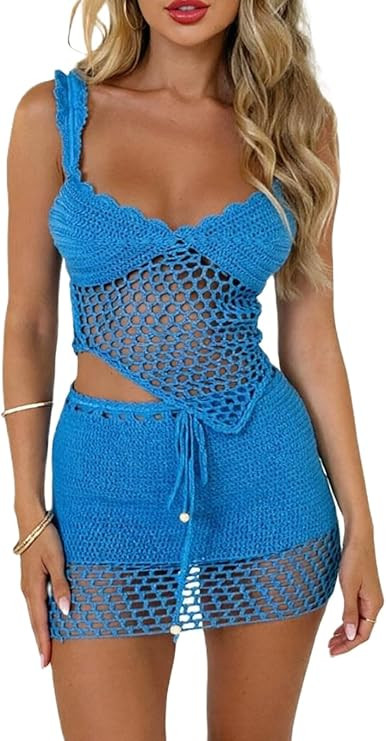 Women 2Pcs Crochet Knit Skirt Set Tube Crop Top + High Waist Bodycon Skirt Cover Up Beachwear | Amazon (US)