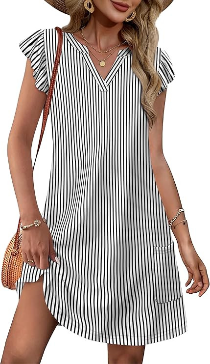 OFEEFAN Spring Summer Dresses for Women 2026 Casual Ruffle Sleeve V Neck Loose Swing Sundresses w... | Amazon (US)