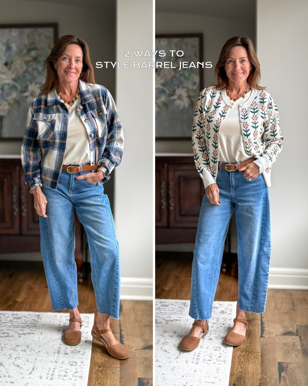 2 Ways to Style Barrel Jeans Over 50 | Amazon Casual Layering Outfits

If you’ve found a great pair of barrel jeans, this is how you make them work multiple ways.

Same base:
✔ Relaxed neutral tee
✔ Cropped barrel jeans
✔ Classic belt

Layer option 1:
Plaid shacket for a casual weekend feel.

Layer option 2:
Patterned cardigan for a softer, feminine look.

This is how you build versatile Amazon outfits for women over 50 without overcomplicating your wardrobe.

Which layer would you wear more — shacket or cardigan?