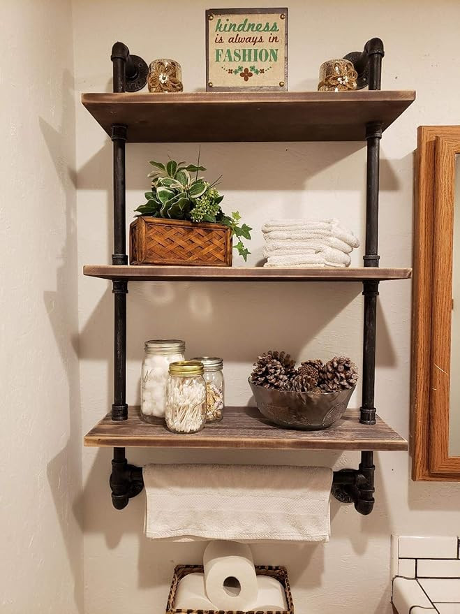 Industrial Pipe Shelf,Rustic Wall Shelf with Towel Bar,24" Towel Racks for Bathroom, 3-Layer Pipe... | Amazon (US)