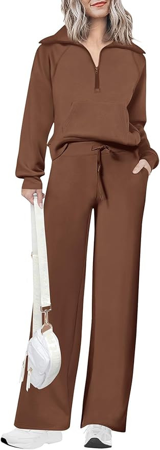 Women 2 Piece Half Zip Sweatsuit Fall Outfits 2024 Casual Sweatshirt Wide Leg Sweatpants Matching... | Amazon (US)