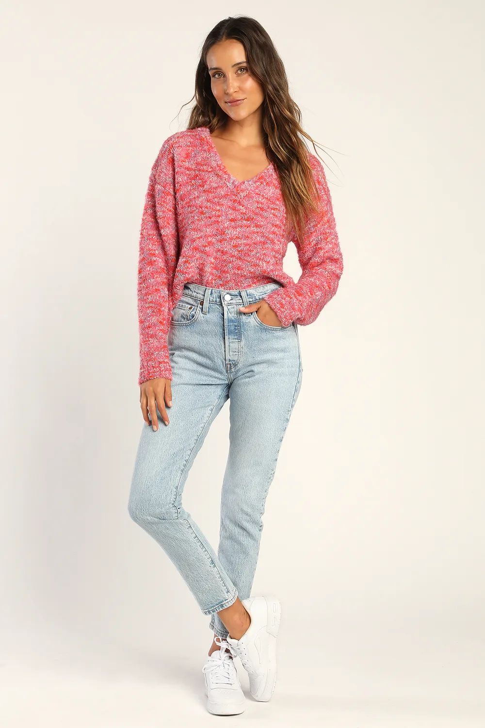 Keepin' It Cuddly Pink Heather Multi V-Neck Sweater | Lulus (US)