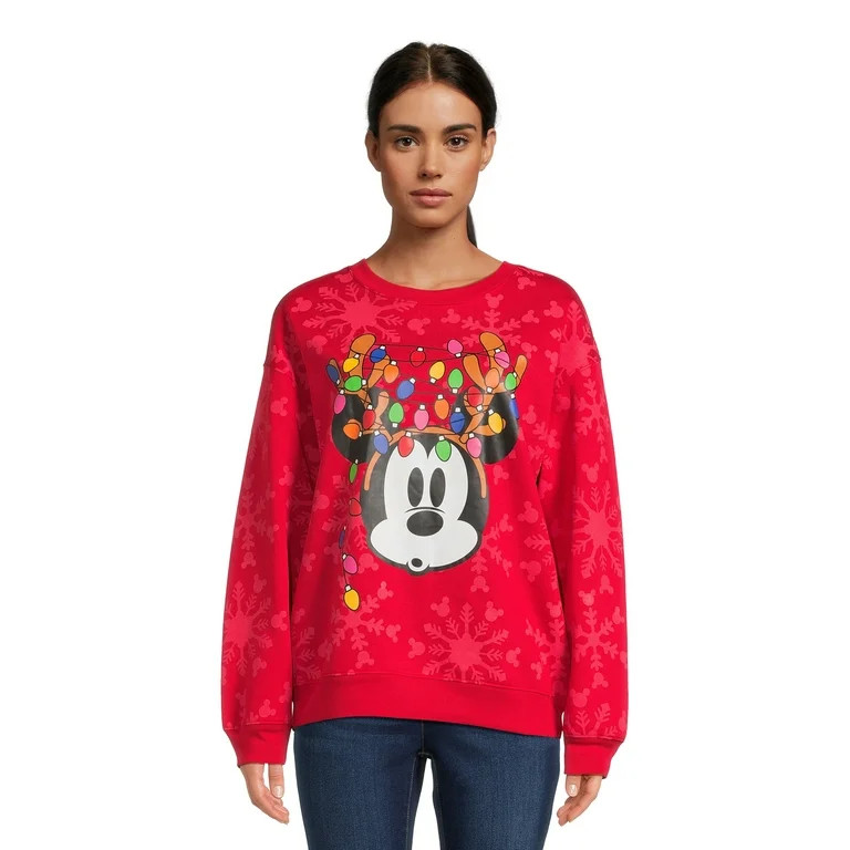 Disney Mickey Mouse Juniors’ Holiday Fleece Sweatshirt with Long Sleeves, Sizes XS-XXXL | Walmart (US)