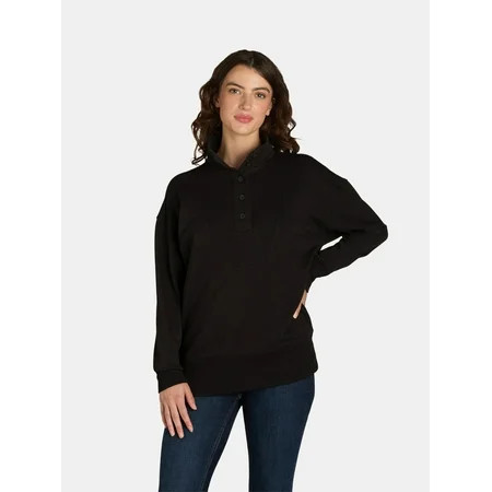 Time and Tru Women's Mock Neck Sweatshirt with Button Placket, Sizes XS-XXXL | Walmart (US)