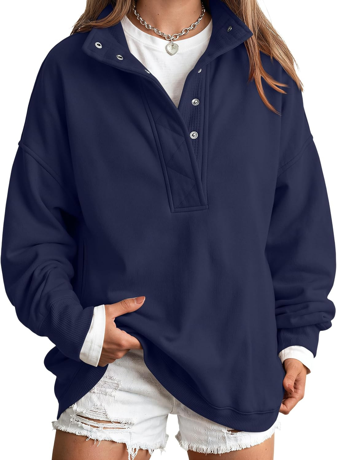 Trendy Queen Womens Oversized Sweatshirts with Snap Button Henley Collar | Amazon (US)