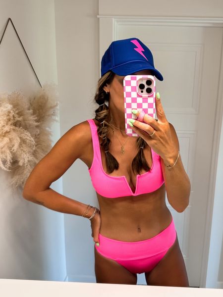 Hot pink bikini | Aerie bikini | trucker hat 
(Large top and medium bottoms) 

#LTKswim #LTKstyletip #LTKunder50