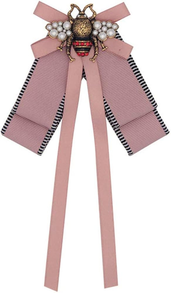 Retro Pearl Bee Bow Brooch Pre-Tied Neck Tie Brooch Pin Satin Ribbon Bow Tie for Women Wedding Pa... | Amazon (US)