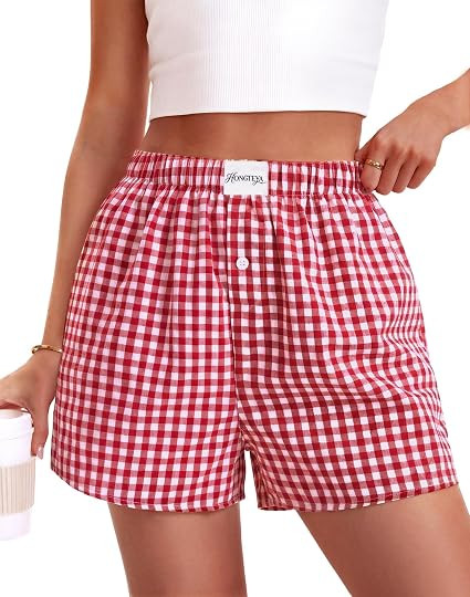 HONGTEYA Boxer Shorts for Women Cotton Gingham Plaid Pajama Y2k Bottoms | Amazon (US)