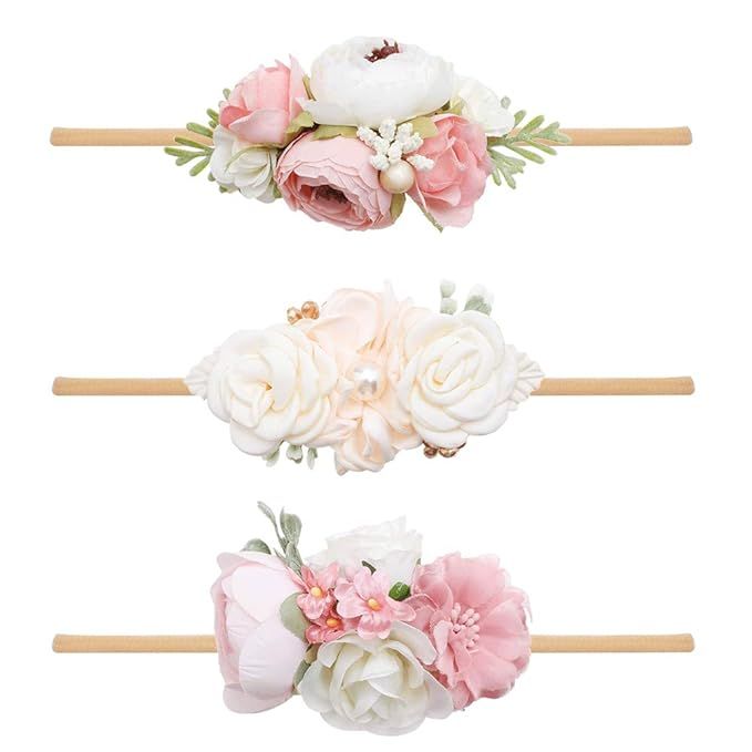 cherrboll 3pcs Baby Girl Headbands Flowers, Super Soft & Stretchy Nylon Floral Hairbands for Newb... | Amazon (US)