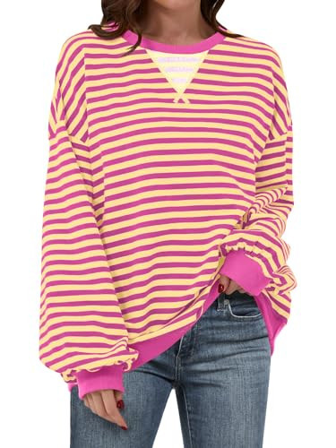 ANRABESS Women Striped Oversized Sweatshirt Crewneck Long Sleeve Shirts Hoodies 2025 Summer Fashion Pullover Top Y2K Outfits Hot Pink Yellow Large | Amazon (US)
