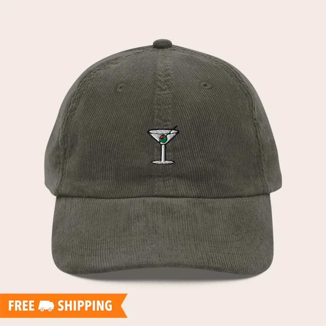 Martini Cocktail Hat, Embroidered Adjustable Relaxed Fit Vintage Corduroy Cap, Martini Hat, Marti... | Etsy (US)