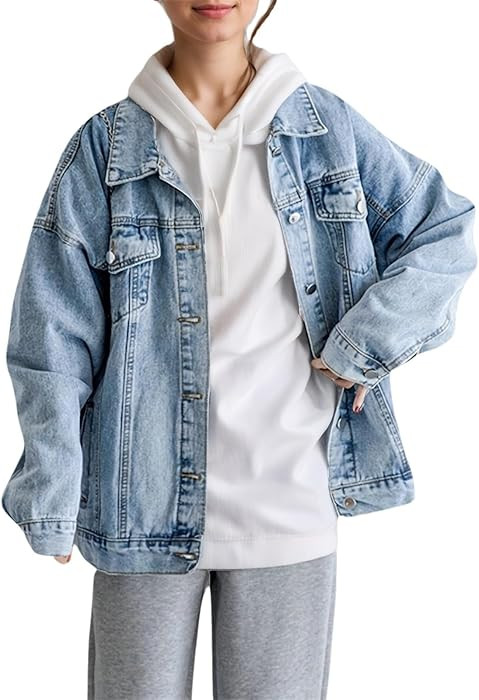 Women Oversized Denim Jacket Boyfriend Loose Fall Trucker Coats | Amazon (US)