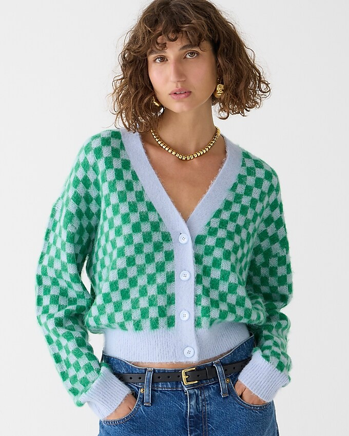 Checkered V-neck cardigan sweater in brushed yarn | J. Crew US