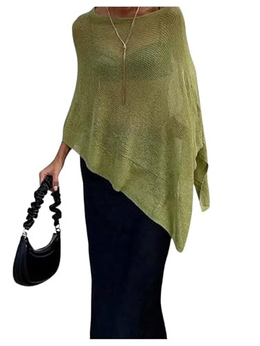 SHENHE Women's Sheer Poncho Shrug Top Lightweight Flowy Knit Sweater Poncho Pullover Green Small | Amazon (US)