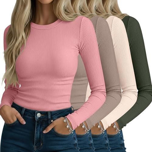 Neer 4 Pack Women's Ribbed Long Sleeve Shirts, Cotton Crew Neck Slim Fit Tops Stretch Knit Casual... | Amazon (US)