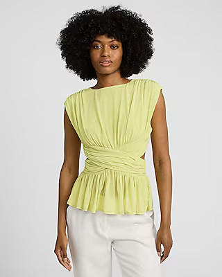 Crew Neck Cap Sleeve Ruched Criss Cross Cutout Top | Express