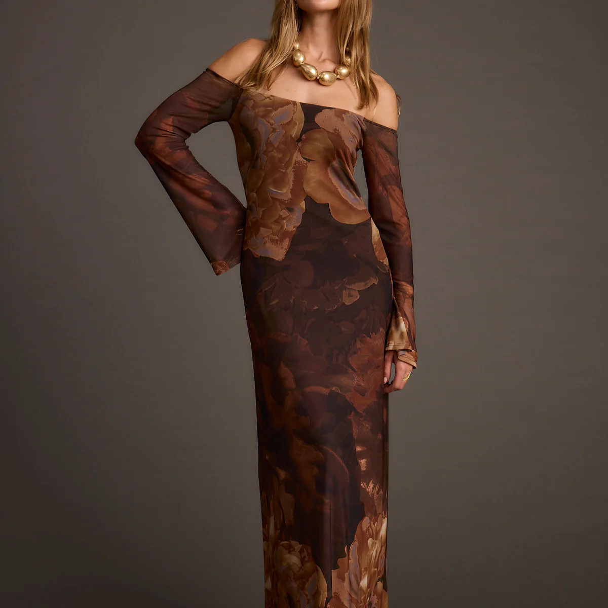 Merritt Mocha Floral Mesh Maxi Dress | 12th Tribe